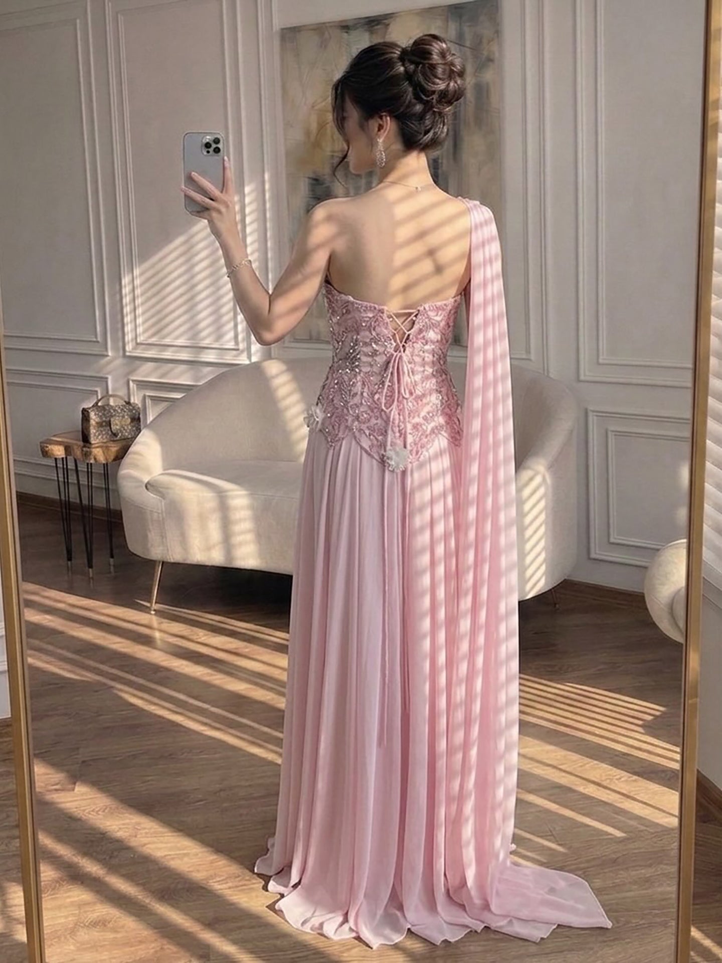 Arabic Pink Simple Style Chiffon Evening Dress CLA73451