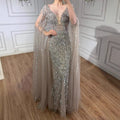 Luxury Modest Caramel Beaded Long Evening Dress With Cape Sleeves LA73452A