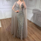 Luxury Modest Caramel Beaded Long Evening Dress With Cape Sleeves LA73452A
