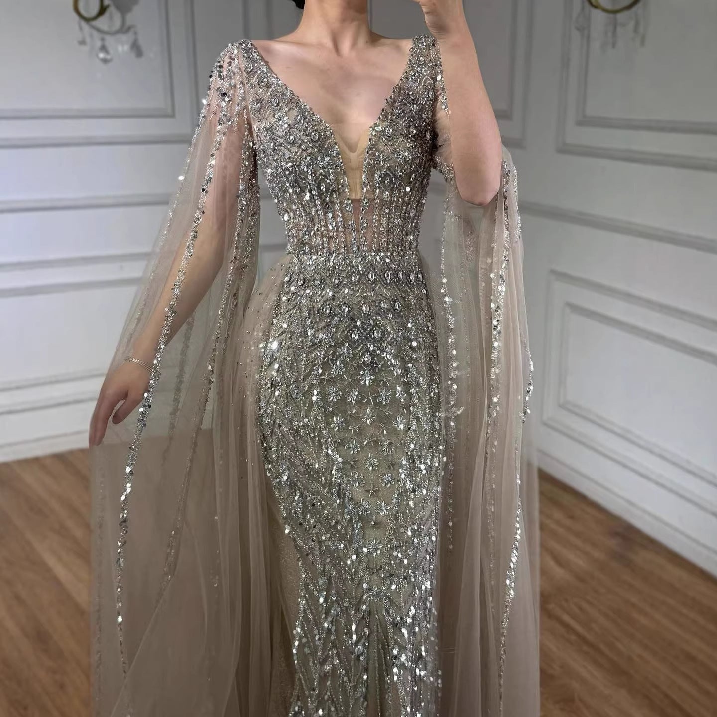 Luxury Modest Caramel Beaded Long Evening Dress With Cape Sleeves LA73452A