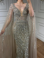 Luxury Modest Caramel Beaded Long Evening Dress With Cape Sleeves LA73452A