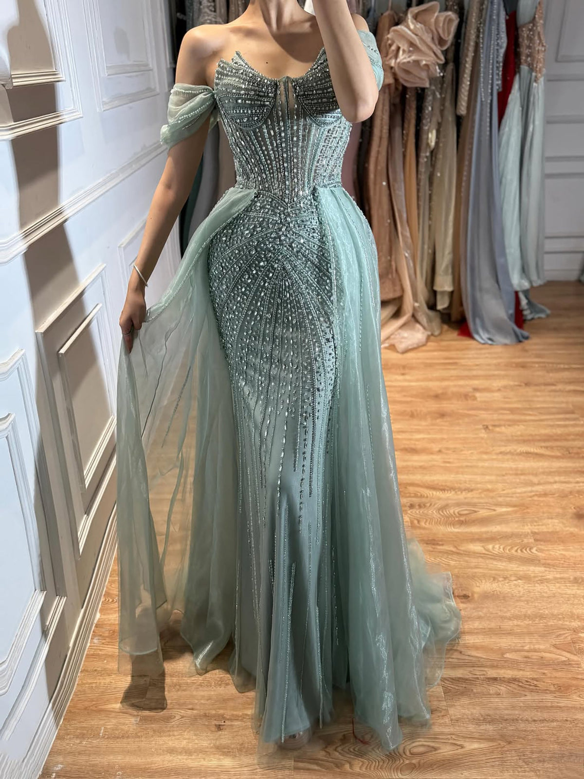 Arabic Mermaid With Overskirt Off Shoulder Evening Dress CLA73454
