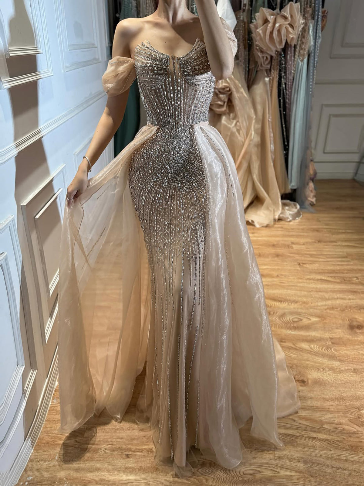 Arabic Mermaid With Overskirt Off Shoulder Evening Dress CLA73454