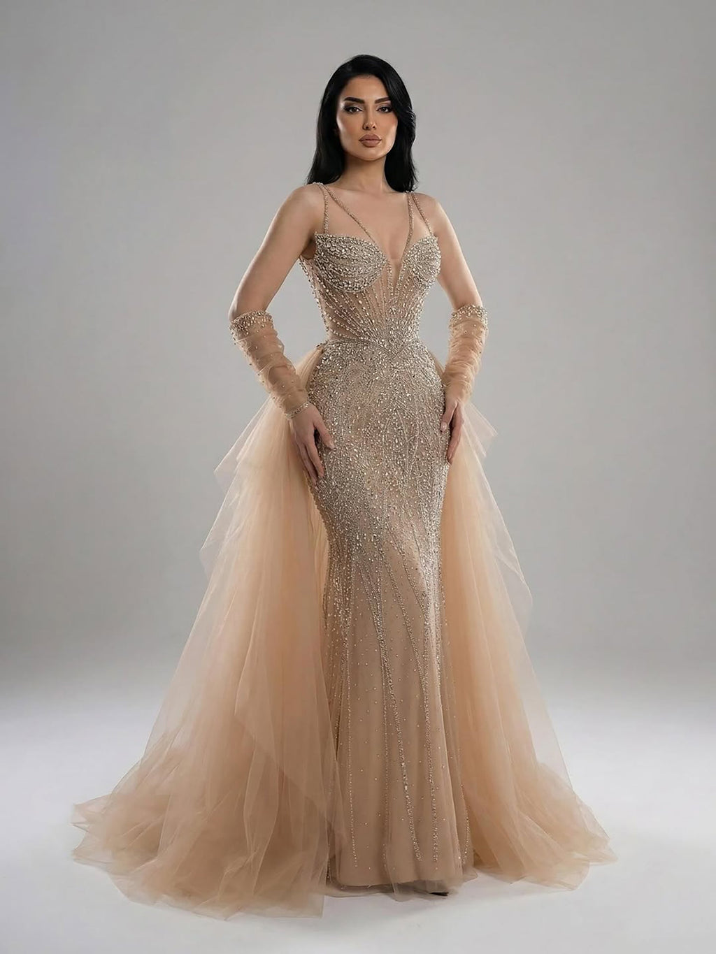 Arabic Luxury Beaded Mermaid Overskirt Evening Dress WIth Gloves Sexy Spaghetti Straps CLA73455