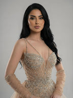 Arabic Luxury Beaded Mermaid Overskirt Evening Dress WIth Gloves Sexy Spaghetti Straps CLA73455