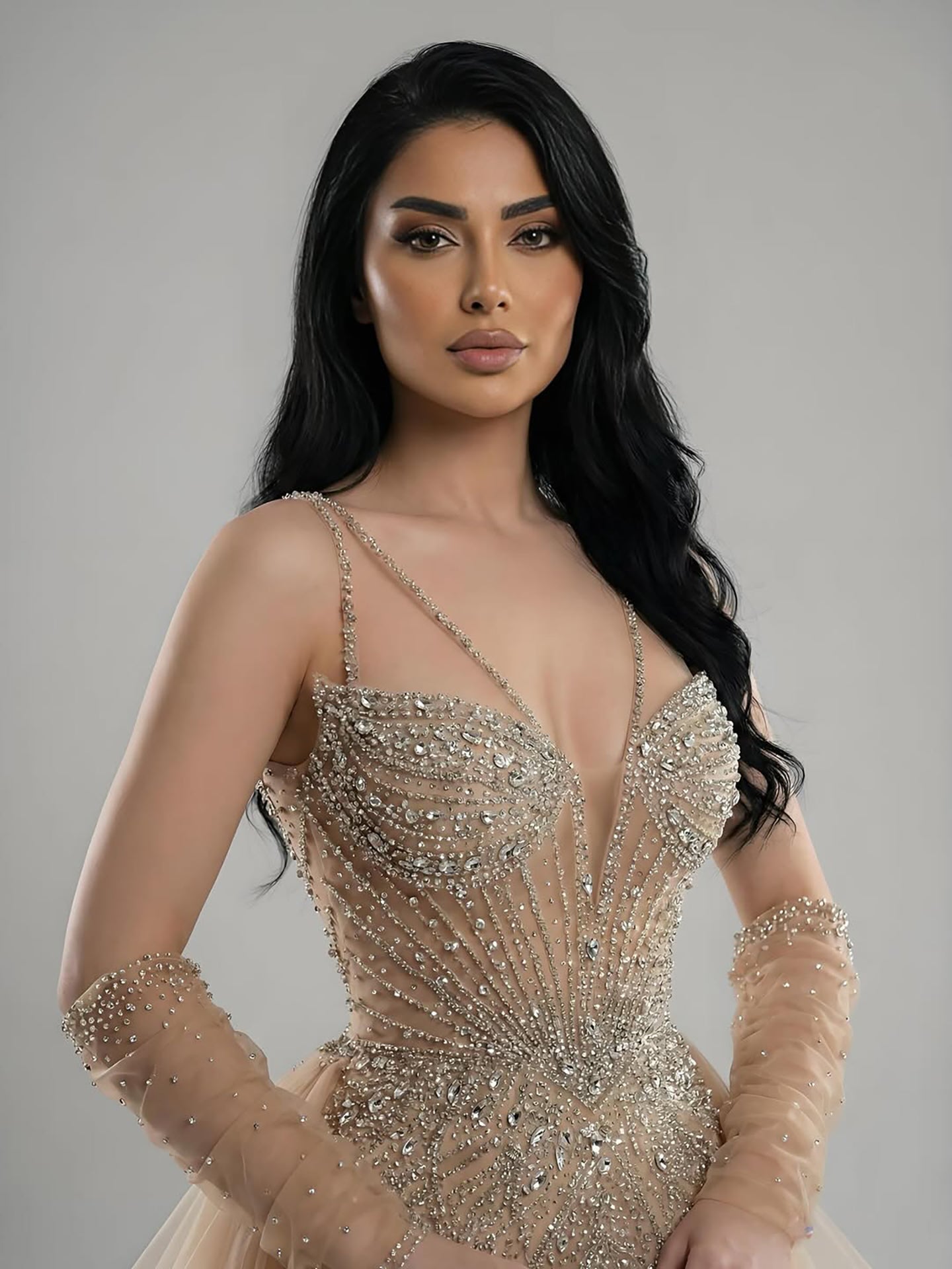 Arabic Luxury Beaded Mermaid Overskirt Evening Dress WIth Gloves Sexy Spaghetti Straps CLA73455