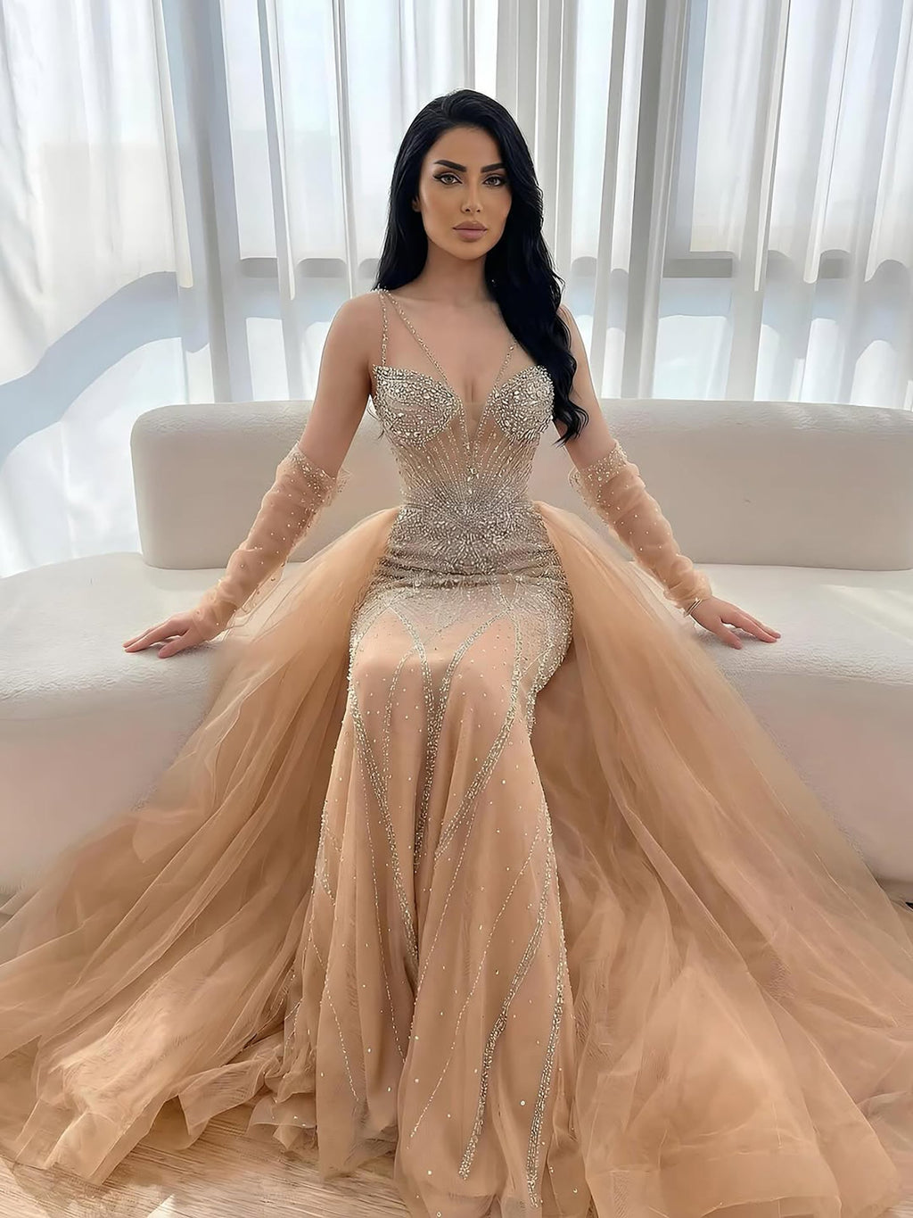 Arabic Luxury Beaded Mermaid Overskirt Evening Dress WIth Gloves Sexy Spaghetti Straps CLA73455