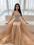 Arabic Luxury Beaded Mermaid Overskirt Evening Dress WIth Gloves Sexy Spaghetti Straps CLA73455