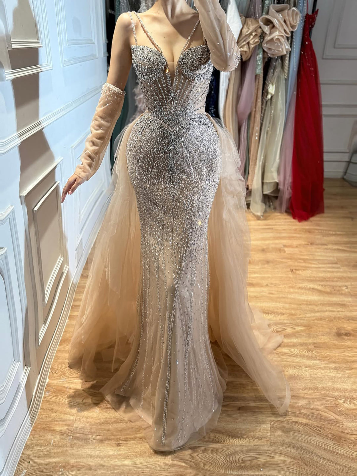 Arabic Luxury Beaded Mermaid Overskirt Evening Dress WIth Gloves Sexy Spaghetti Straps CLA73455