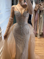 Arabic Luxury Beaded Mermaid Overskirt Evening Dress WIth Gloves Sexy Spaghetti Straps CLA73455