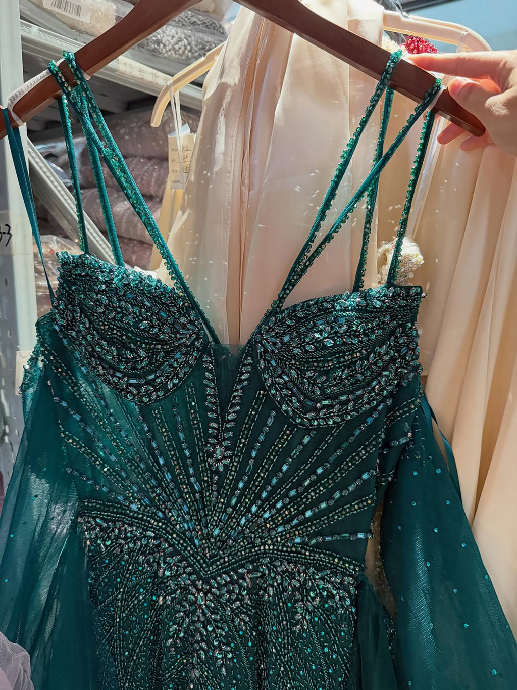 Arabic Luxury Beaded Mermaid Overskirt Evening Dress WIth Gloves Sexy Spaghetti Straps CLA73455