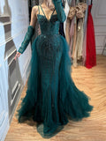 Arabic Luxury Beaded Mermaid Overskirt Evening Dress WIth Gloves Sexy Spaghetti Straps CLA73455