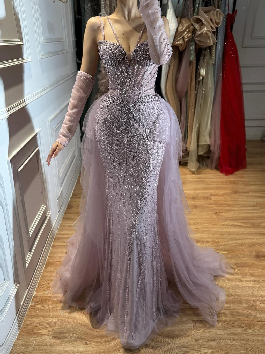 Arabic Luxury Beaded Mermaid Overskirt Evening Dress WIth Gloves Sexy Spaghetti Straps CLA73455