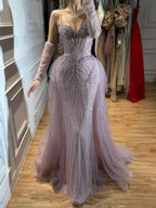 Arabic Luxury Beaded Mermaid Overskirt Evening Dress WIth Gloves Sexy Spaghetti Straps CLA73455