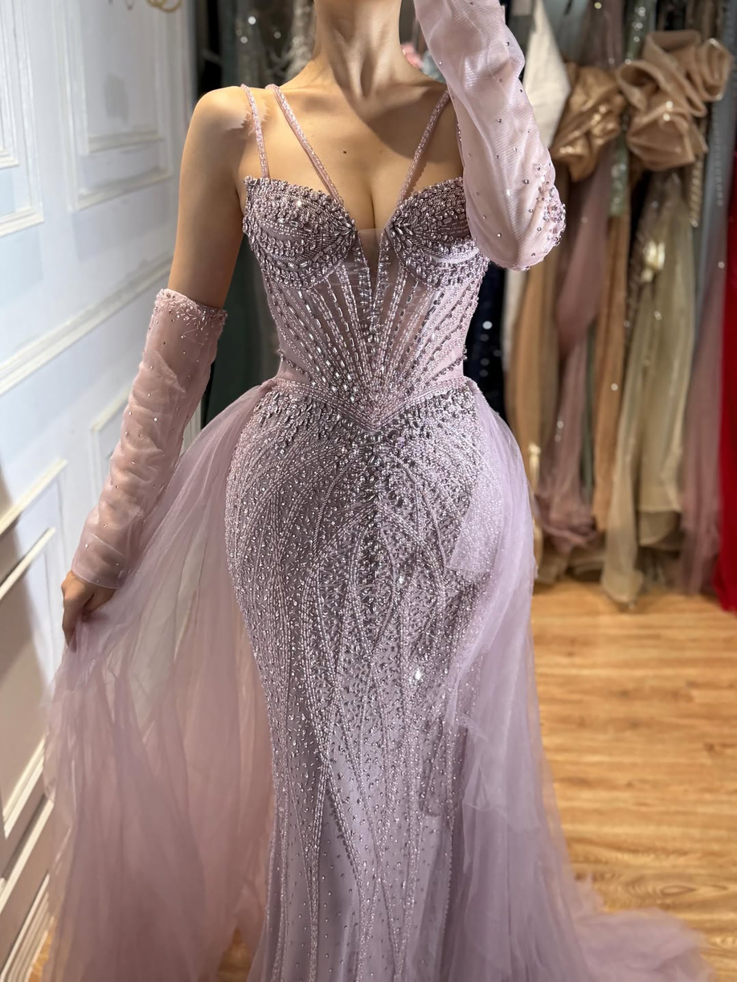 Arabic Luxury Beaded Mermaid Overskirt Evening Dress WIth Gloves Sexy Spaghetti Straps CLA73455