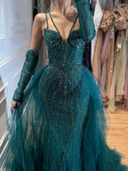 Arabic Luxury Beaded Mermaid Overskirt Evening Dress WIth Gloves Sexy Spaghetti Straps CLA73455