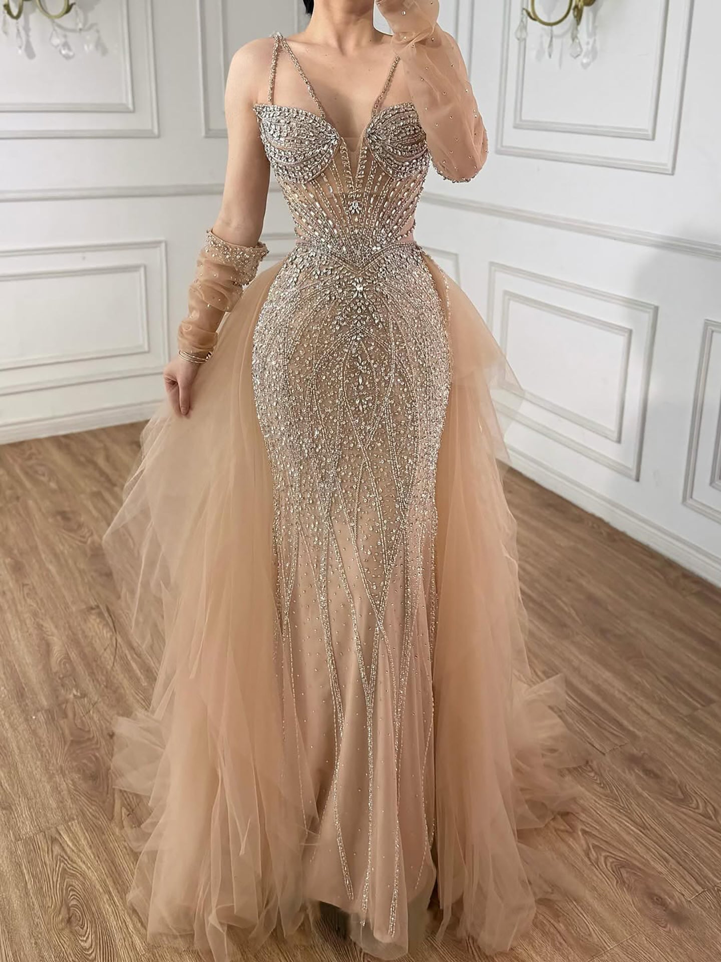 Arabic Luxury Beaded Mermaid Overskirt Evening Dress WIth Gloves Sexy Spaghetti Straps CLA73455