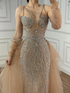 Arabic Luxury Beaded Mermaid Overskirt Evening Dress WIth Gloves Sexy Spaghetti Straps CLA73455