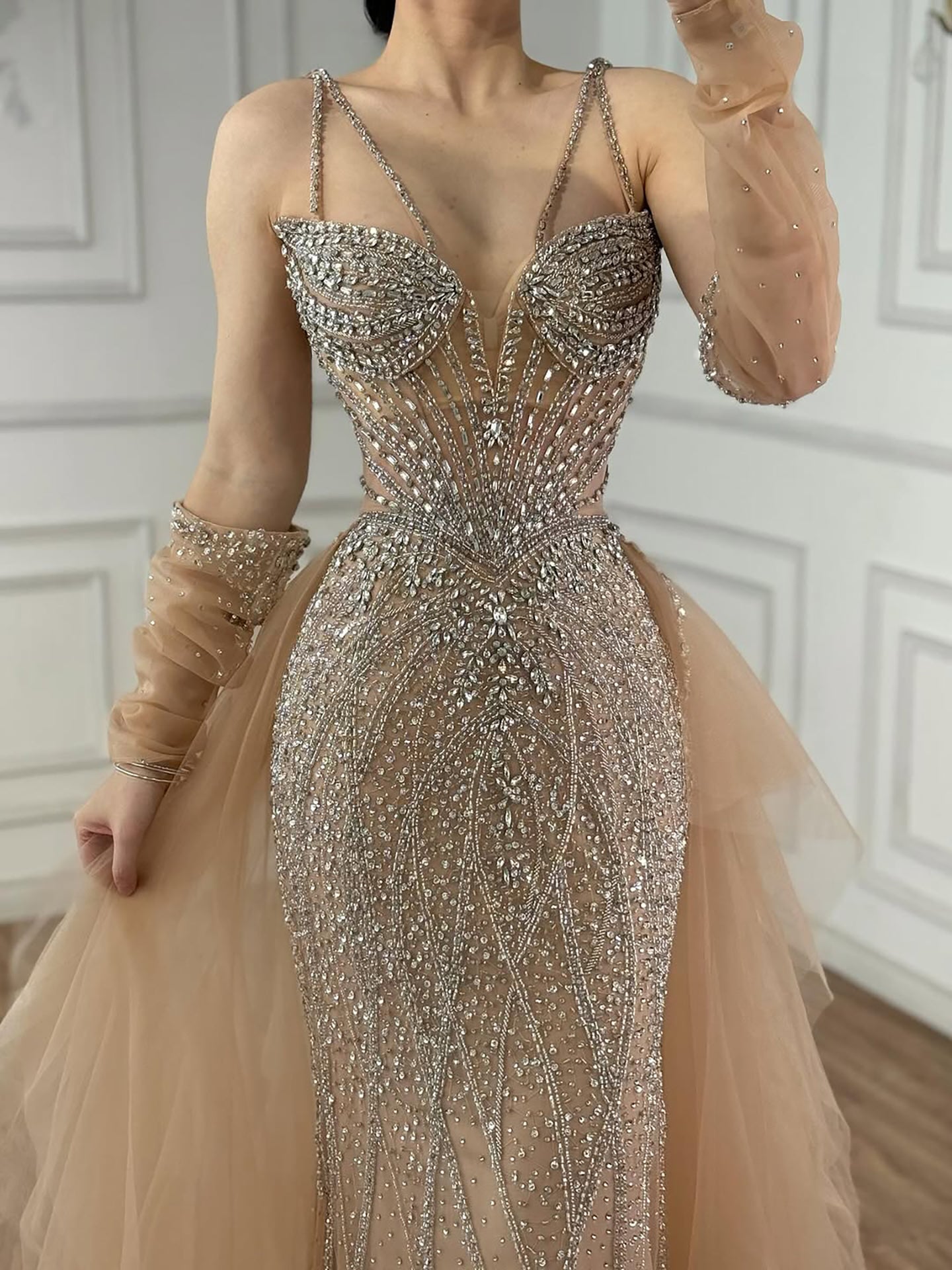 Arabic Luxury Beaded Mermaid Overskirt Evening Dress WIth Gloves Sexy Spaghetti Straps CLA73455