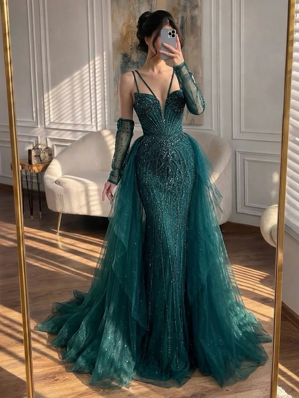 Arabic Luxury Beaded Mermaid Overskirt Evening Dress WIth Gloves Sexy Spaghetti Straps CLA73455