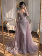 Arabic Luxury Beaded Mermaid Overskirt Evening Dress WIth Gloves Sexy Spaghetti Straps CLA73455