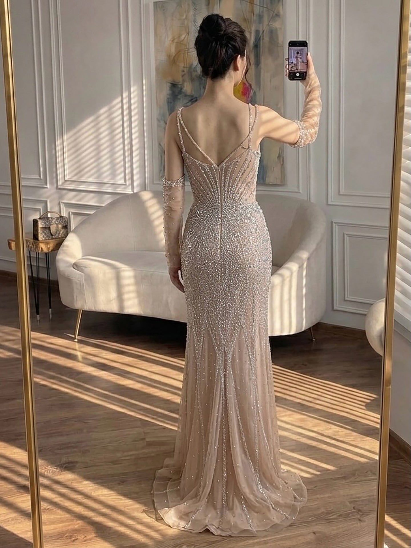 Arabic Luxury Beaded Mermaid Overskirt Evening Dress WIth Gloves Sexy Spaghetti Straps CLA73455