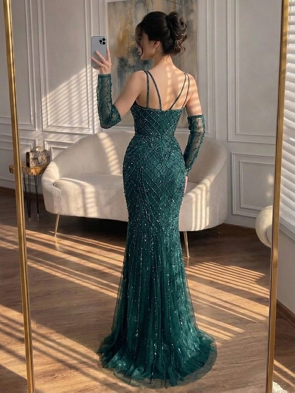 Arabic Luxury Beaded Mermaid Overskirt Evening Dress WIth Gloves Sexy Spaghetti Straps CLA73455