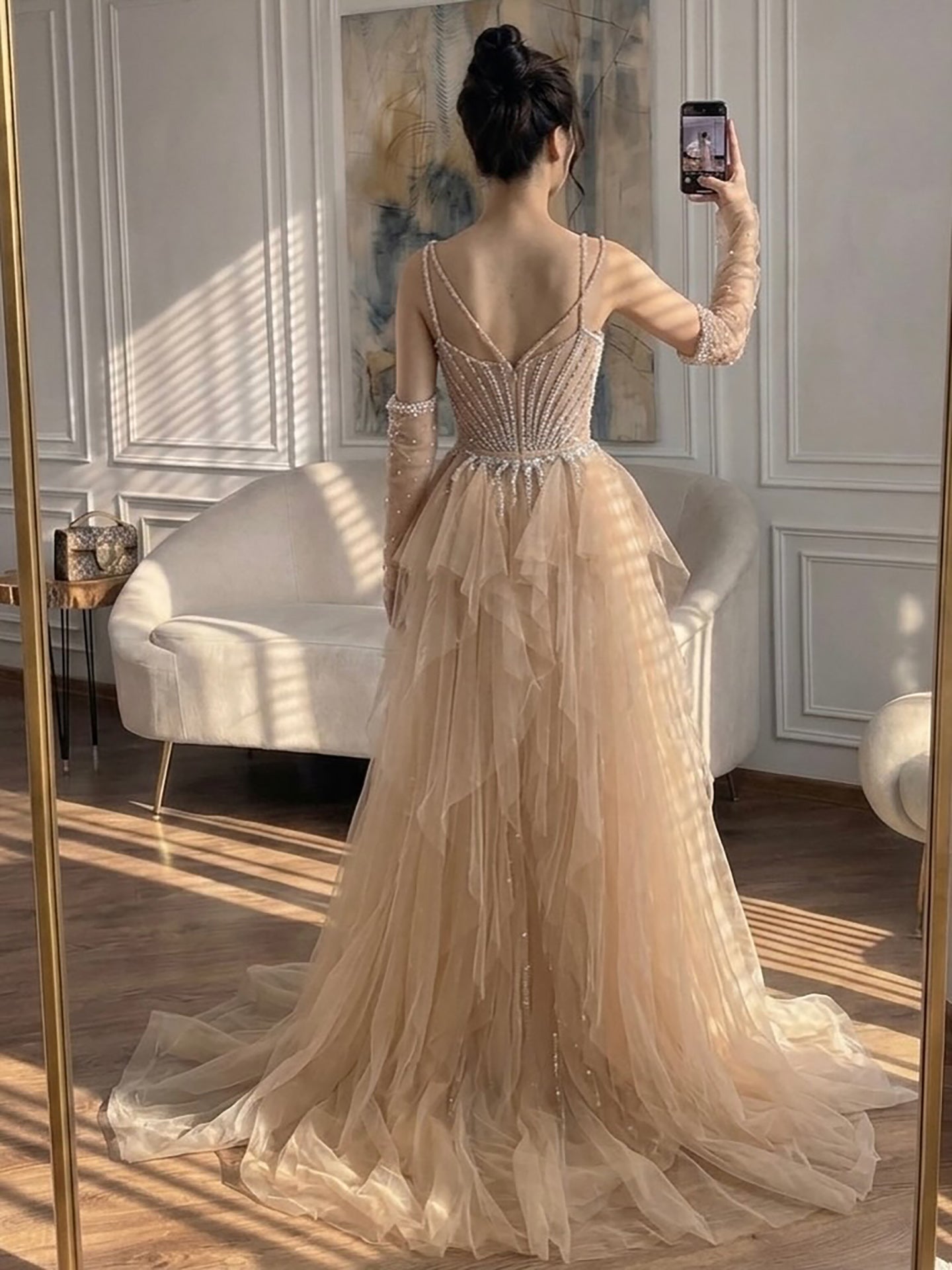 Arabic Luxury Beaded Mermaid Overskirt Evening Dress WIth Gloves Sexy Spaghetti Straps CLA73455