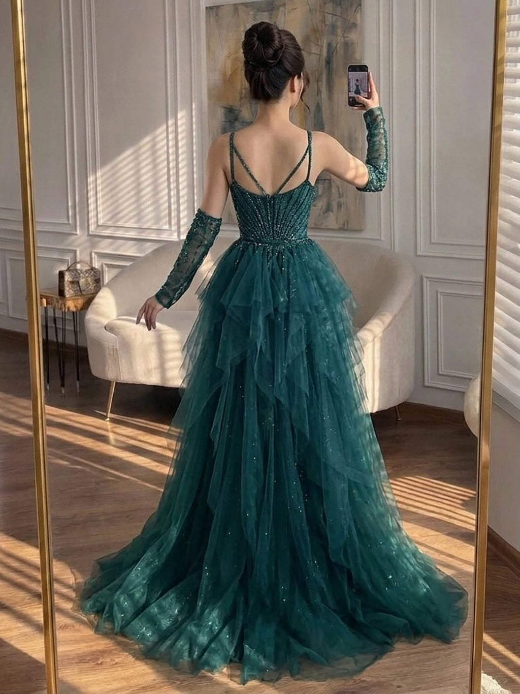 Arabic Luxury Beaded Mermaid Overskirt Evening Dress WIth Gloves Sexy Spaghetti Straps CLA73455