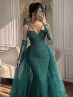 Arabic Luxury Beaded Mermaid Overskirt Evening Dress WIth Gloves Sexy Spaghetti Straps CLA73455