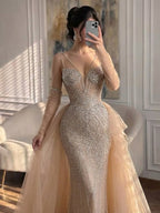 Arabic Luxury Beaded Mermaid Overskirt Evening Dress WIth Gloves Sexy Spaghetti Straps CLA73455