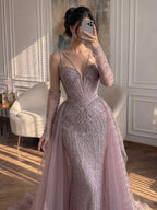 Arabic Luxury Beaded Mermaid Overskirt Evening Dress WIth Gloves Sexy Spaghetti Straps CLA73455