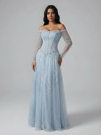 Schlichtes, arabisch-blaues, schulterfreies, langärmeliges A-Linien-Abendkleid mit Perlenbesatz für Mädchen, ideal für Abschlussball und Party (CLA73464)