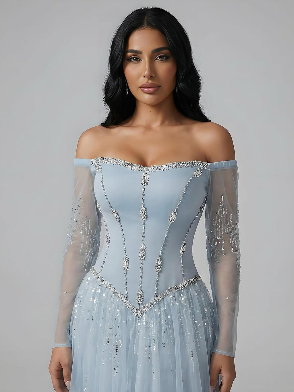 Schlichtes, arabisch-blaues, schulterfreies, langärmeliges A-Linien-Abendkleid mit Perlenbesatz für Mädchen, ideal für Abschlussball und Party (CLA73464)