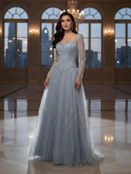 Luxury Blue Crystal Beaded A Line Evening Dress With Long Sleeves CLA73464A