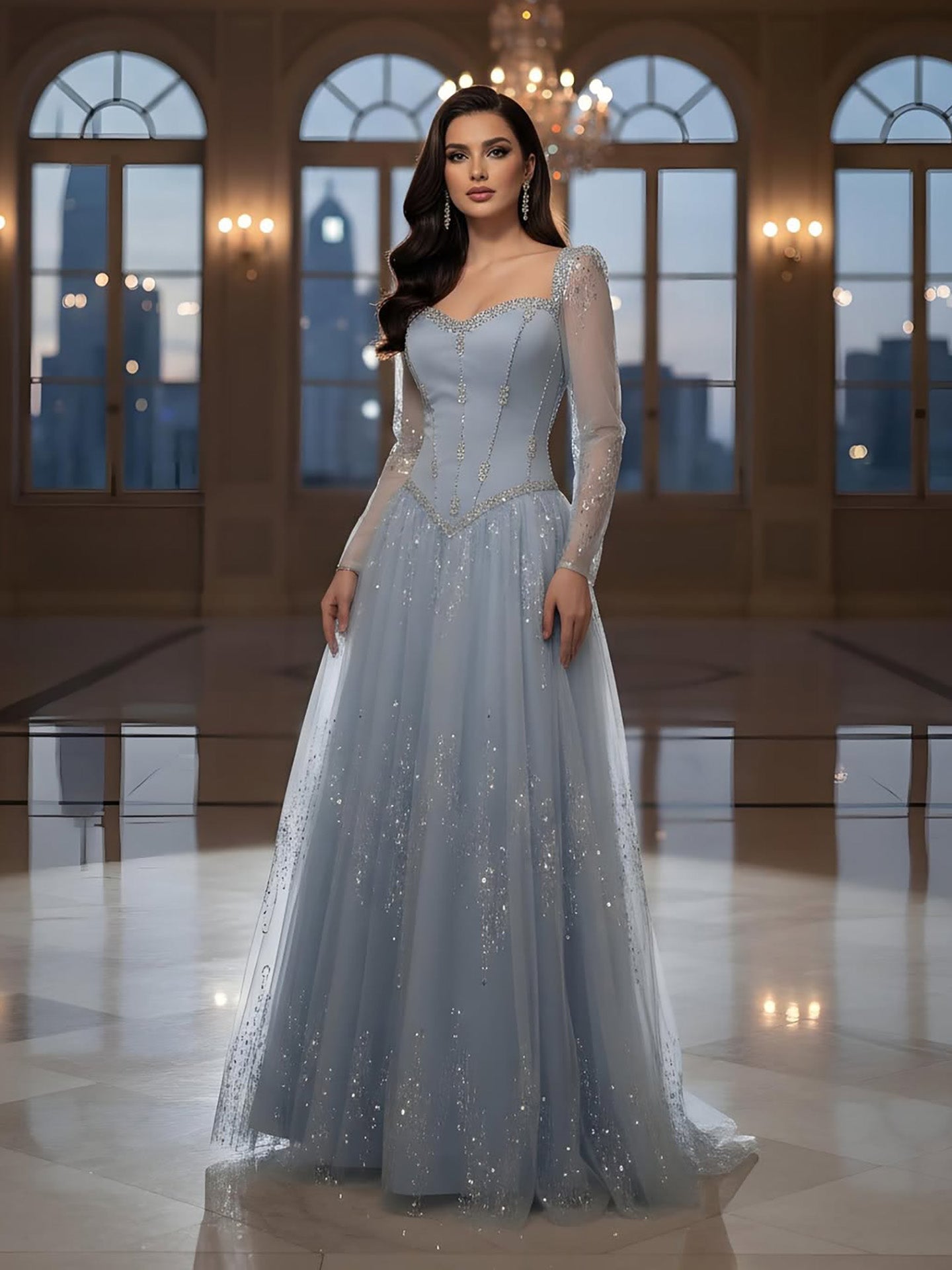 Luxury Blue Crystal Beaded A Line Evening Dress With Long Sleeves CLA73464A