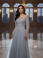 Luxury Blue Crystal Beaded A Line Evening Dress With Long Sleeves CLA73464A