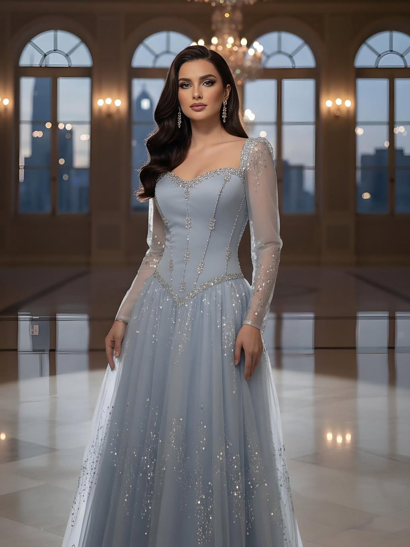 Luxury Blue Crystal Beaded A Line Evening Dress With Long Sleeves CLA73464A