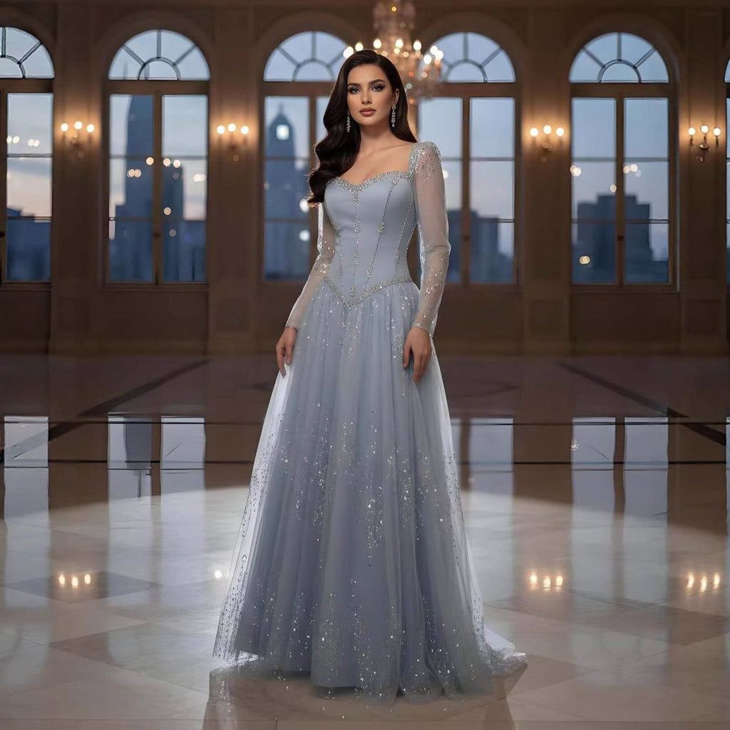 Luxury Blue Crystal Beaded A Line Evening Dress With Long Sleeves CLA73464A