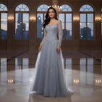 Luxury Blue Crystal Beaded A Line Evening Dress With Long Sleeves CLA73464A