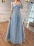 Luxury Blue Crystal Beaded A Line Evening Dress With Long Sleeves CLA73464A