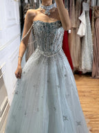 Luxury Lilac Beaded Off Shoulder A Line Evening Dress CLA73465