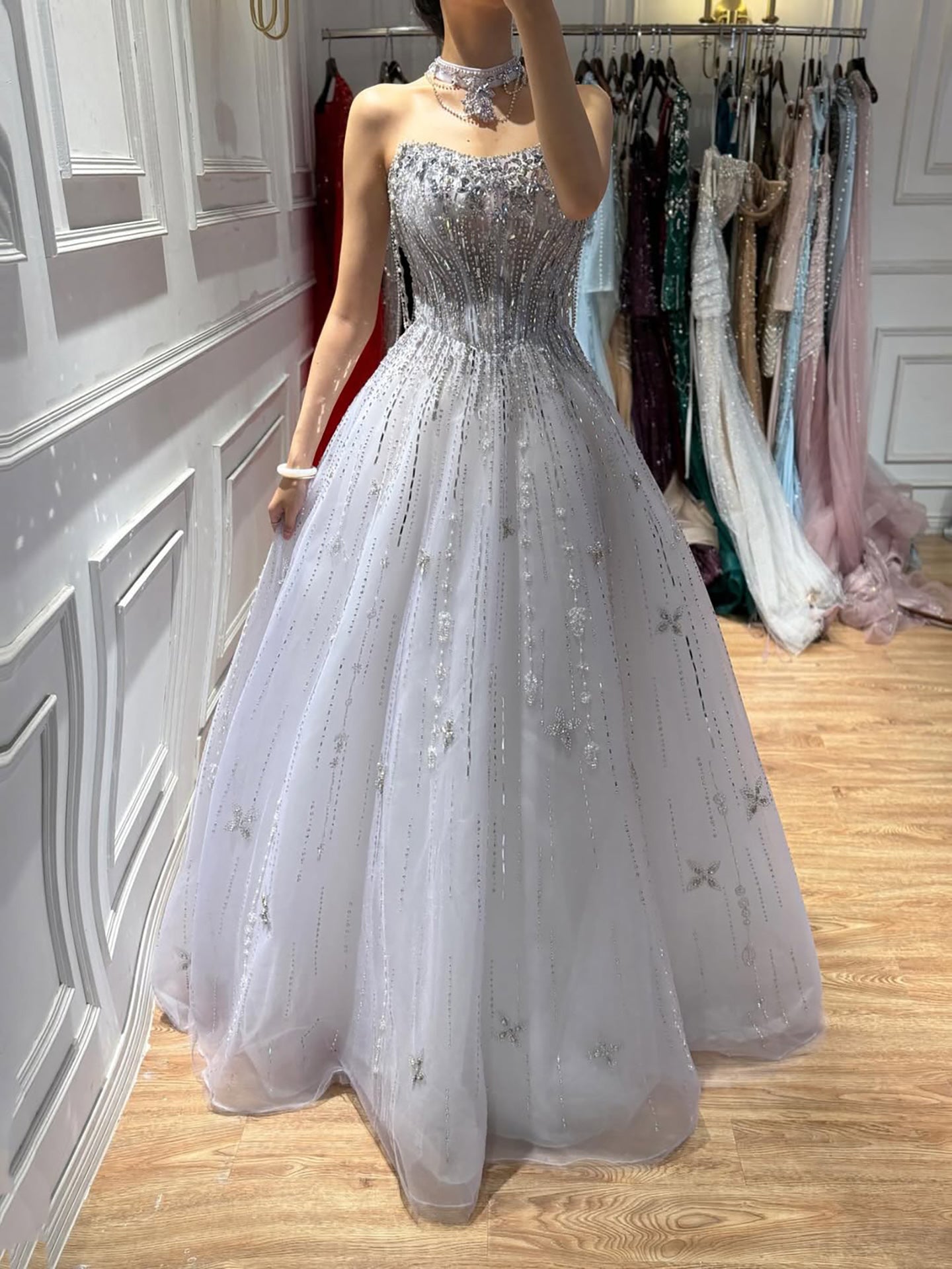 Luxury LiCLAc Beaded Off Shoulder A Line Evening Dress CLA73465