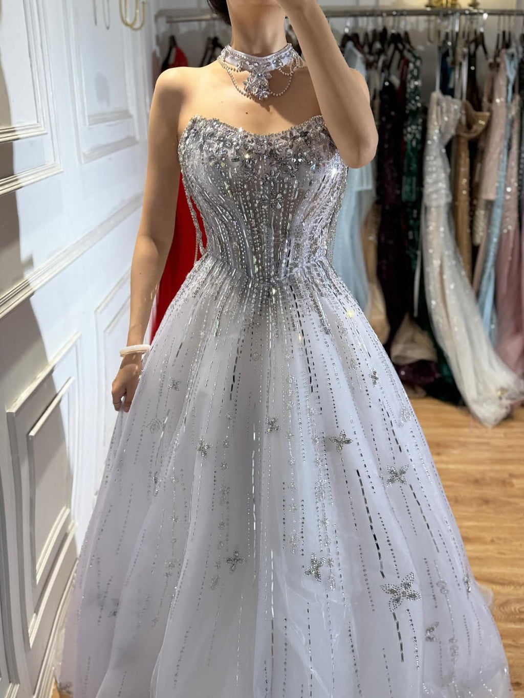 Luxury LiCLAc Beaded Off Shoulder A Line Evening Dress CLA73465