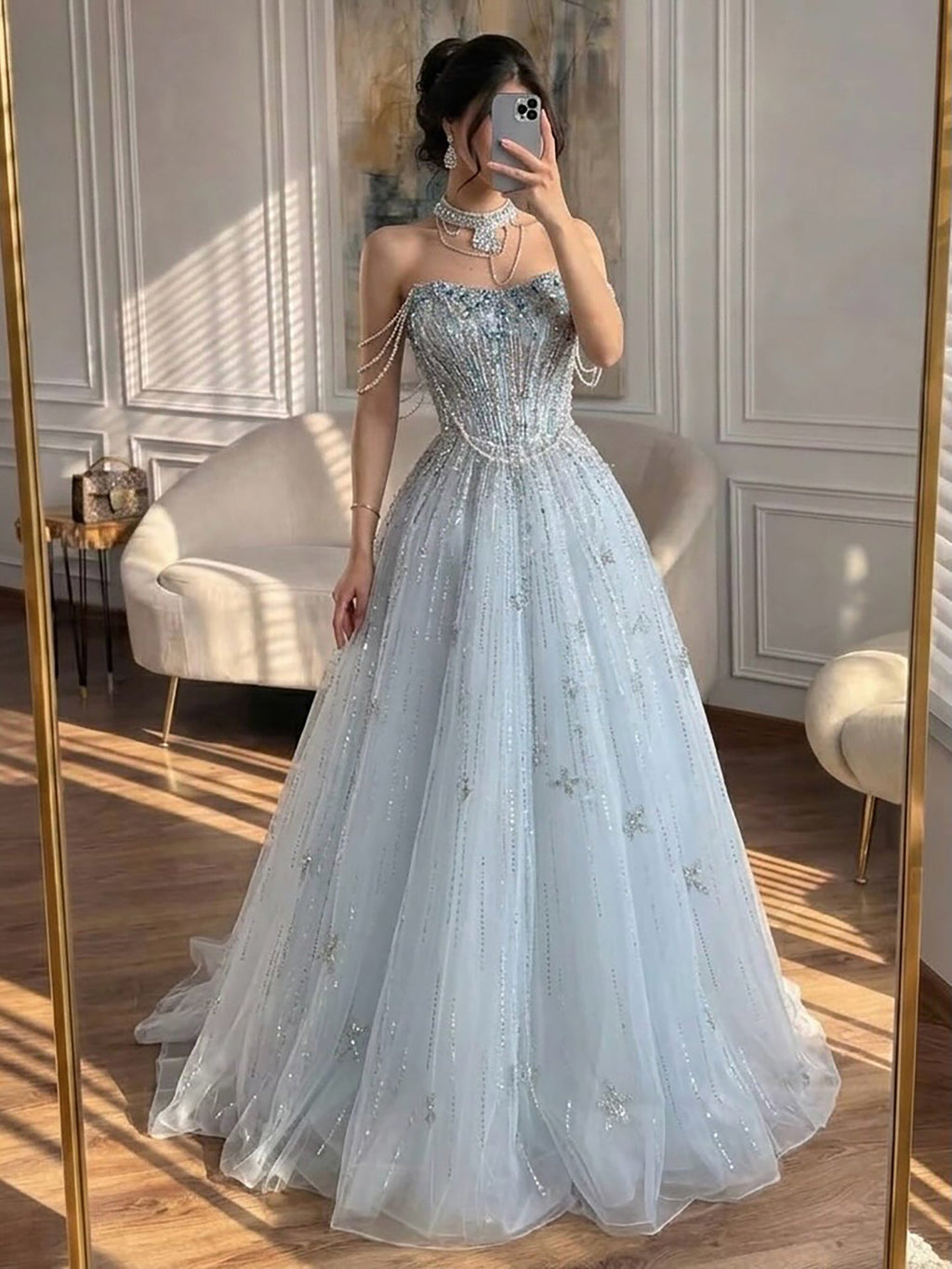 Luxury Lilac Beaded Off Shoulder A Line Evening Dress CLA73465