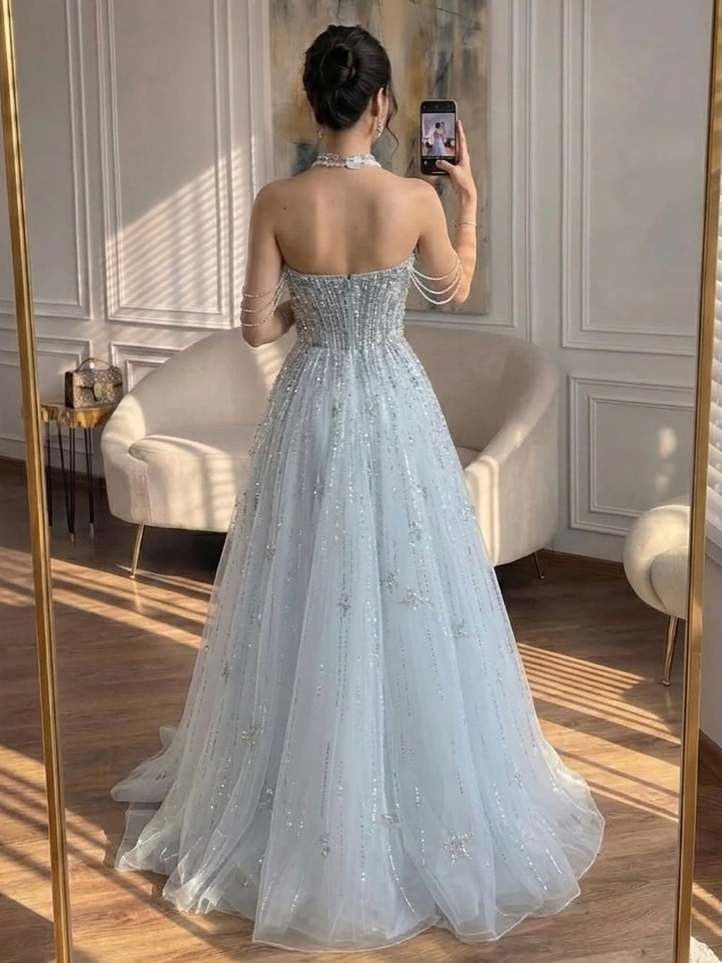Luxury Lilac Beaded Off Shoulder A Line Evening Dress CLA73465