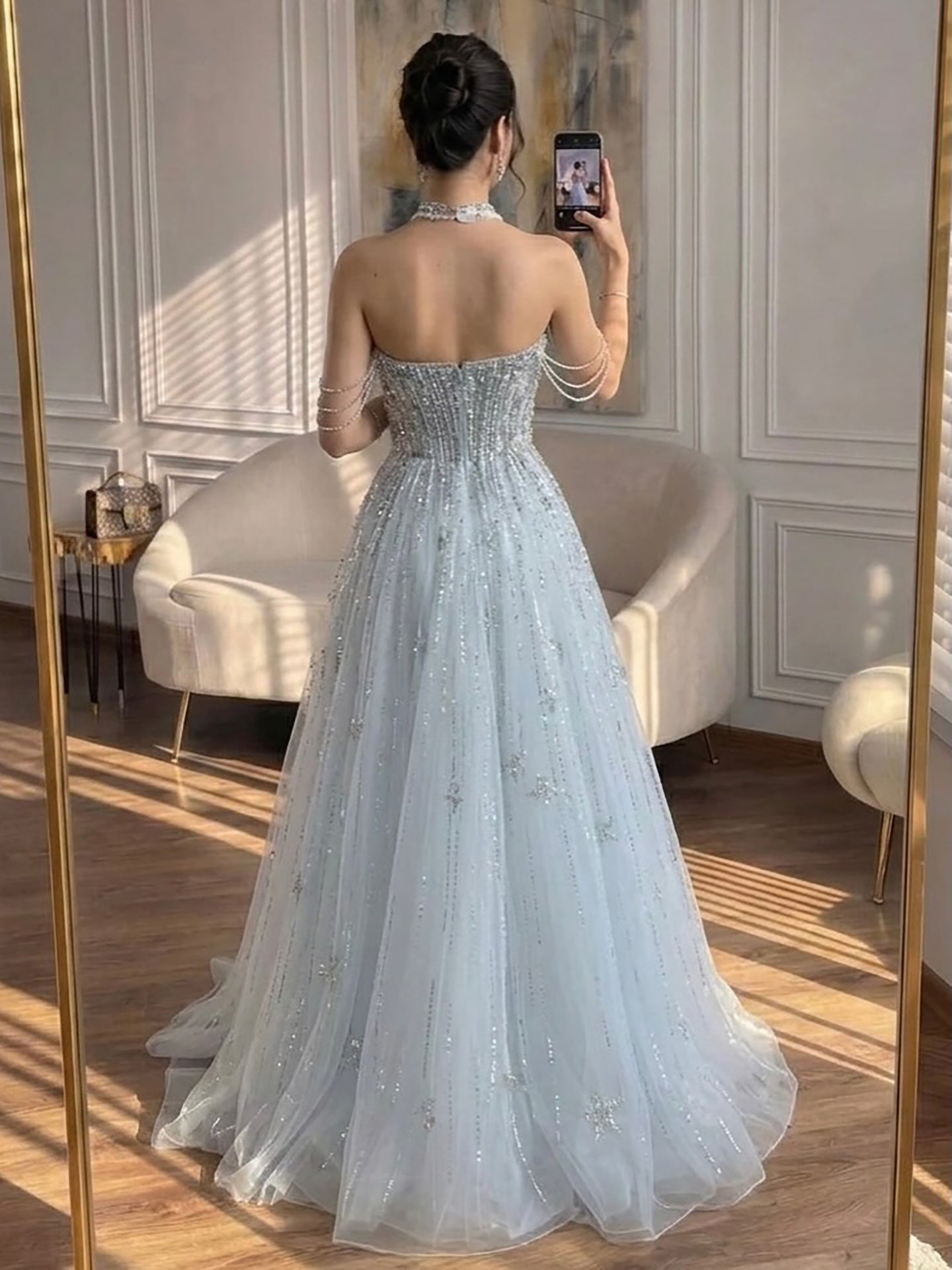 Luxury Lilac Beaded Off Shoulder A Line Evening Dress CLA73465