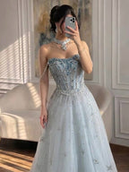 Luxury Lilac Beaded Off Shoulder A Line Evening Dress CLA73465