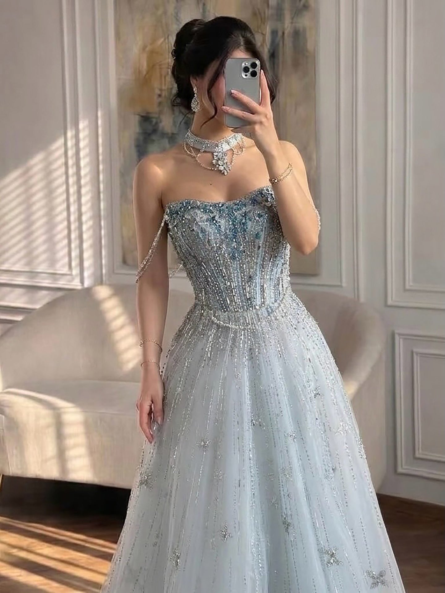 Luxury Lilac Beaded Off Shoulder A Line Evening Dress CLA73465