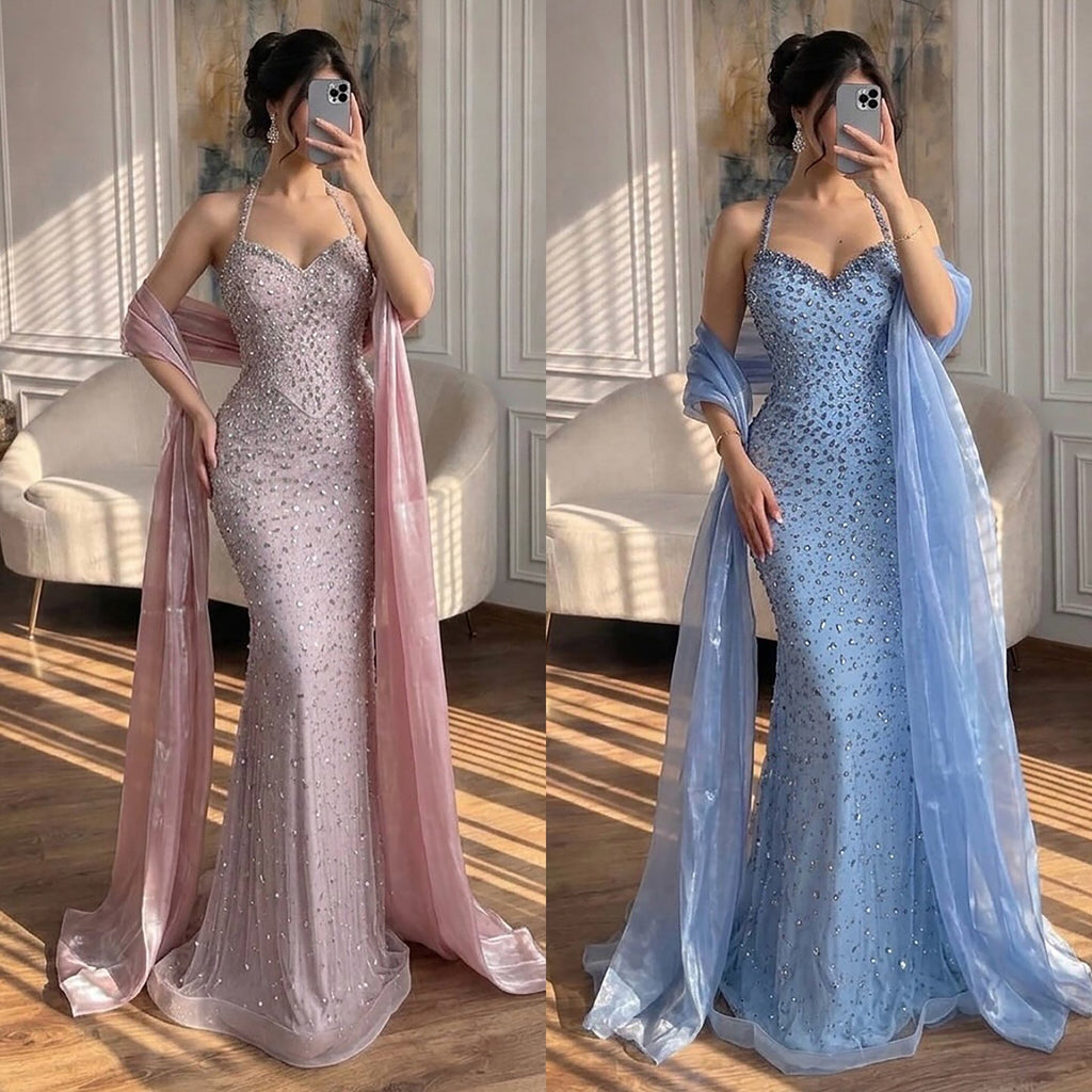 Luxury Blue Diamond Halter Evening Dress With Cape CLA73471